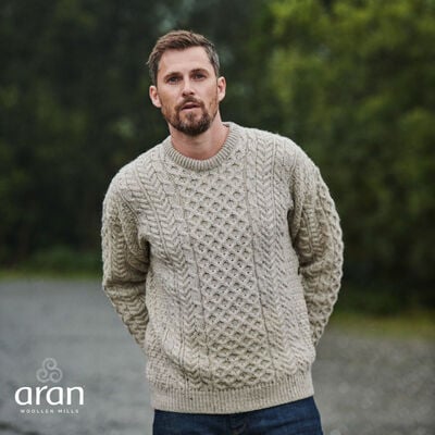 100% Natural Wool Crew Neck Traditional Aran Sweater  Skiddaw Colour